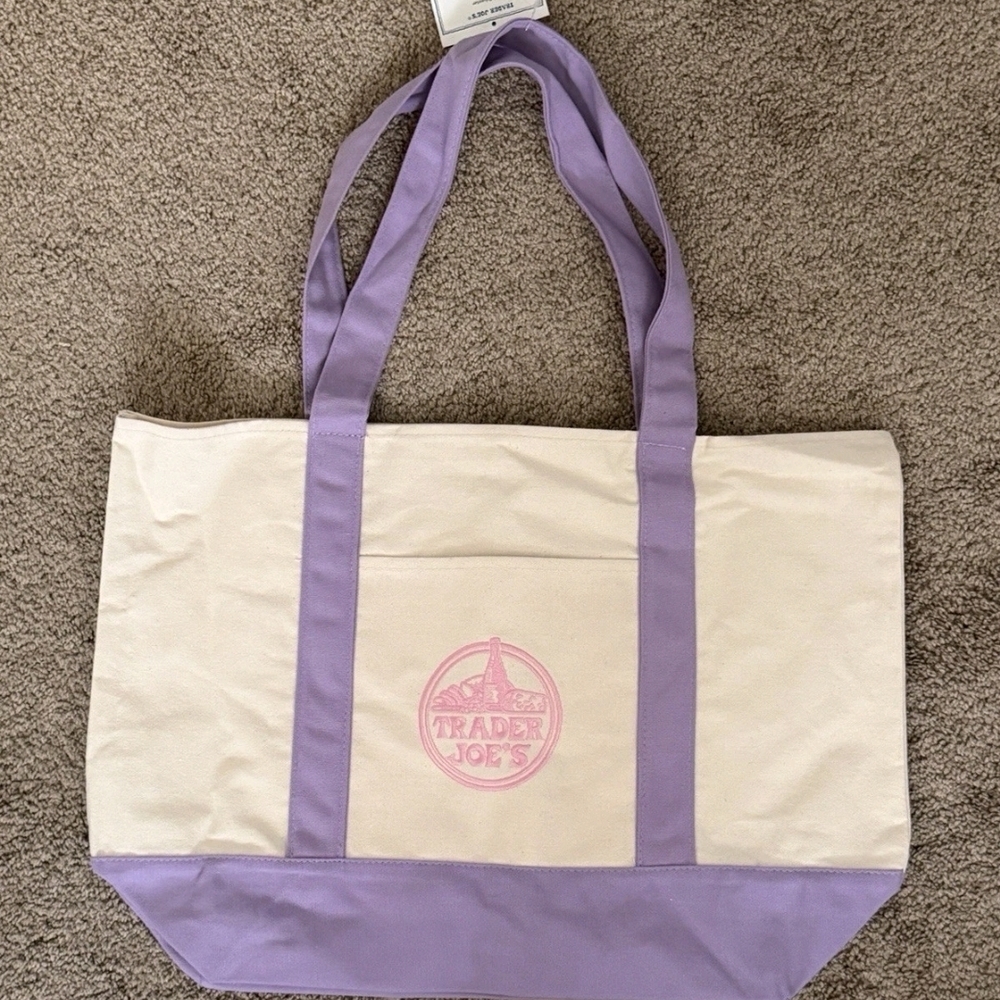 Trader Joe’s Large Lavender Canvas Tote Bag NEW Reusable Grocery Beach Bag